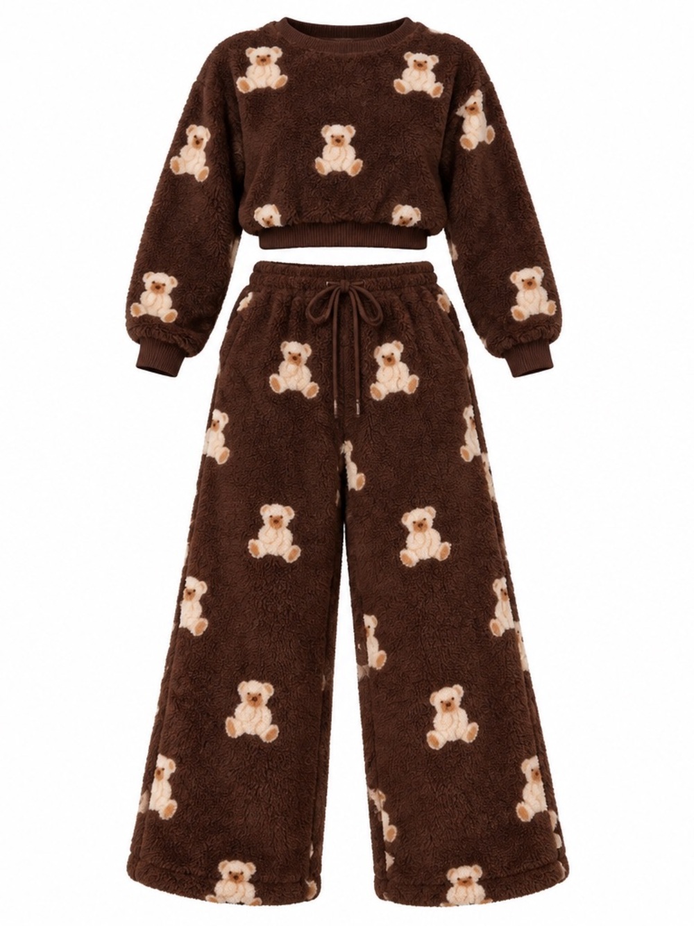 Women’s Cozy Teddy Print  Pajama Set Brown Size S